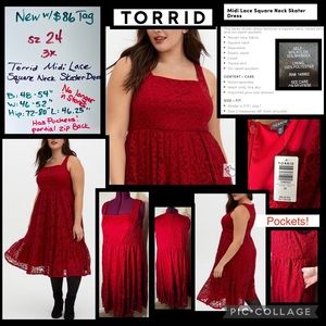 Sz 24 3x NEW w $86 Tag Torrid Stretch Red Lace Square Neckline Skater Midi Dress